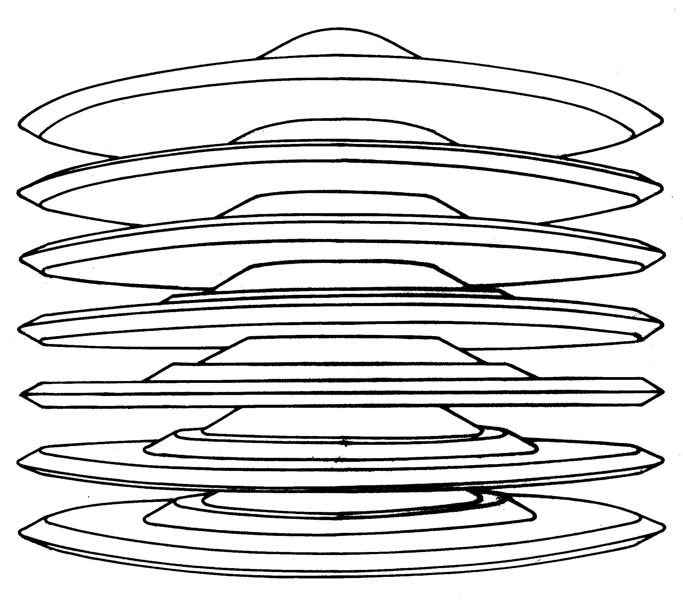 Fig. #3a (top): A stack of 7 UFOs type K6 - a side view